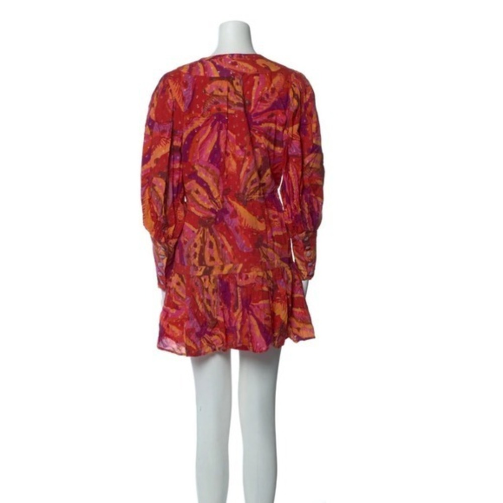 Farm Rio Womens Mini Dress Red Orange Floral Long Sleeve V Neck Tie Waist Casual - Picture 4 of 9